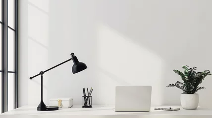 Fotobehang  Minimalist workspace: sleek, modern desk, laptop, stylish lamp, notebook. Soft natural light fills room, ample empty white wall space for branding or text. © mimi