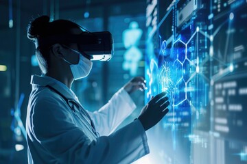 Female doctor using virtual reality glasses to check brain testing results on simulator interface, showcasing innovative medical technology. - Powered by Adobe