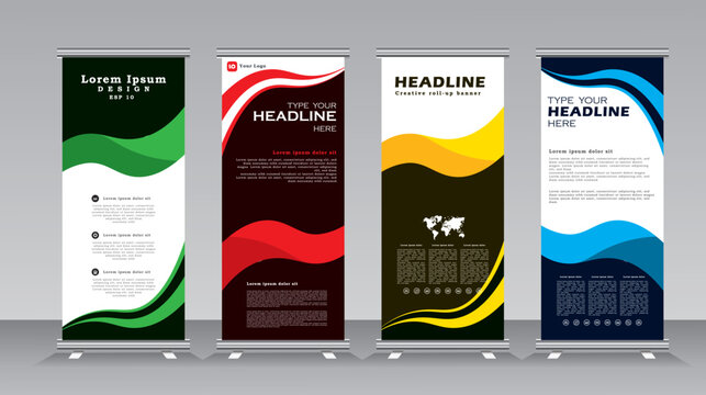 Business roll up banner stand design template with multi colors, vertical banner for exhibition, fair, show, exposition, expo, presentation, festival, parade, events. roll up banner, pull up, Vector 