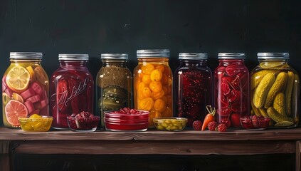  A vibrant display of assorted fermented foods in clear glass jars represents a healthy, probiotic-rich cuisine, showcasing textures and hues from vegetables and fruits. AI Generative - obrazy, fototapety, plakaty