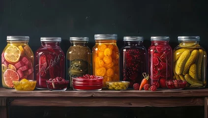 Fotobehang  A vibrant display of assorted fermented foods in clear glass jars represents a healthy, probiotic-rich cuisine, showcasing textures and hues from vegetables and fruits. AI Generative © kodidesign