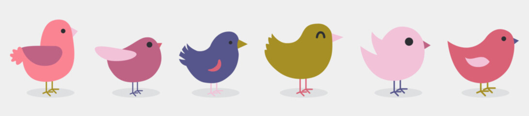 Set of a cute birds in pink, green and purple color palette vector illustration