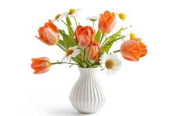 Flowers Bouquet in White Vase Isolated on White Background