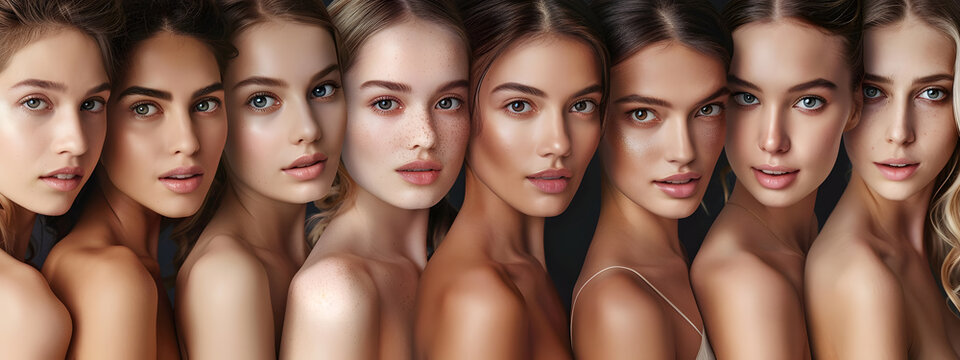 A diverse group of women multi-ethnic with different hairstyles and skin tones pose together in a studio setting