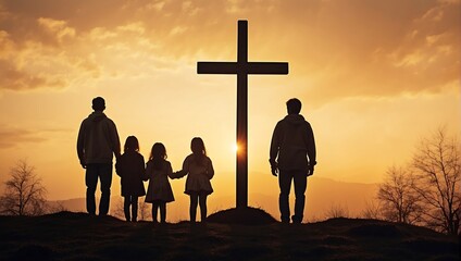 Silhouette of a family looking for the cross of Jesus Christ against the background of an autumn sunrise. Easter Sunday concept. AI generated