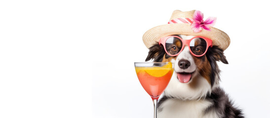 Dog with holiday vacation vibes and cocktail, dressed in straw hat, sunglasses - 750722463