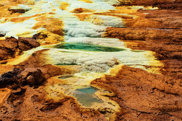 Colorful abstract apocalyptic landscape like moonscape of Dallol Lake in Crater of Dallol Volcano,...