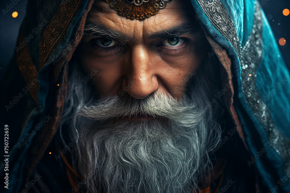 Poster digital generative ai collage image of old wise wizard doing spell