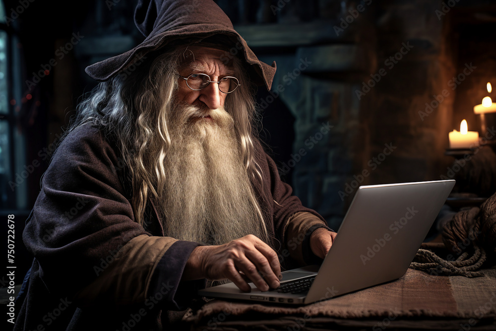 Fototapete digital generative ai collage image of wise wizard search magical spell on web netbook