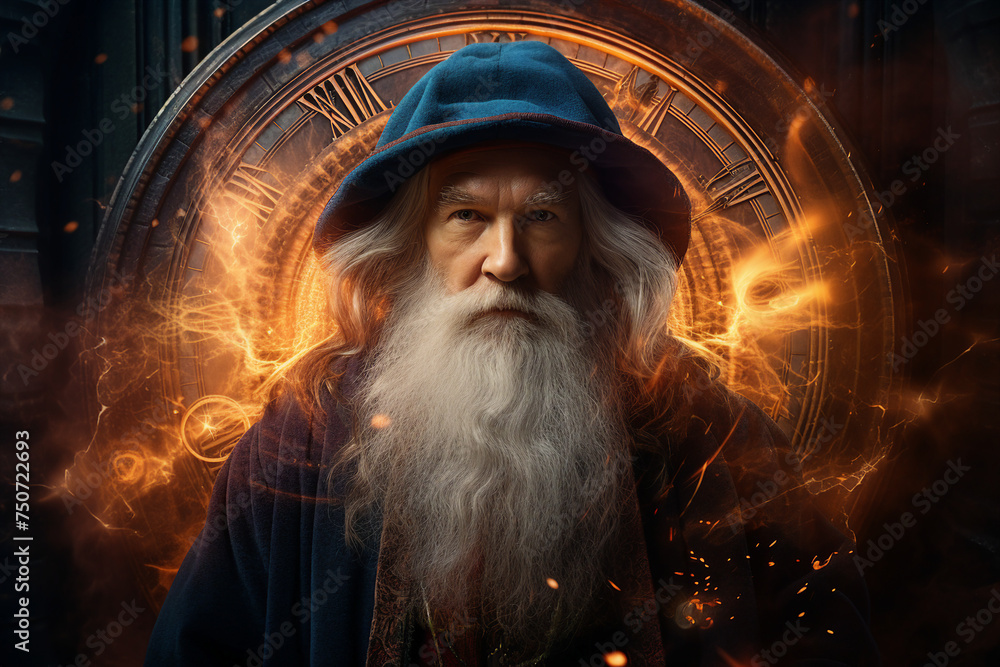 Poster digital generative ai collage image of wise wizard doing burning ritual spell