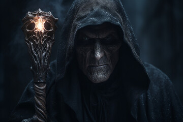Digital generative ai collage image of dark humanoid creature in black cloak doing death spell summon
