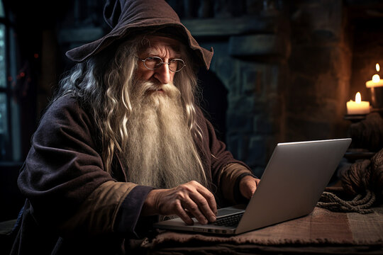 Digital generative ai collage image of wise wizard search magical spell on web netbook