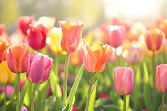 a field of vibrant tulips in full bloom, soft sunlight