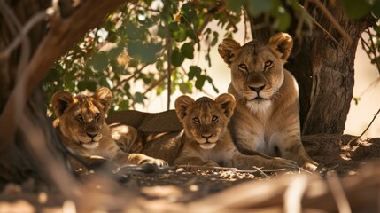 Lioness with her cubs resting and taking shelter under a tree, dry savanna background