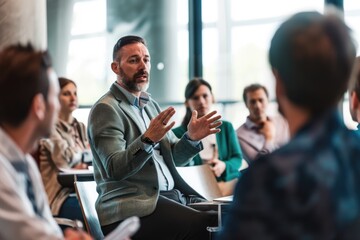 a financial adviser explaining the impact of interest rate changes to a group of business professionals in a seminar or workshop setting - obrazy, fototapety, plakaty