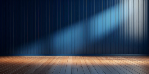 empty room with blue wall , wooden floor and spotlight,dark blue corrugated wall background with shadow sunlight. A bright blue room with a warm wooden floor and modern vertical blinds.. banner design