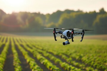 a smart farming system, where autonomous drones monitor crop health, emphasizing sustainability and technological advancements