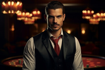 Fototapeta premium Luxurious restaurant casino las vegas vip night Generative AI poker slots cards roulette players gamers.