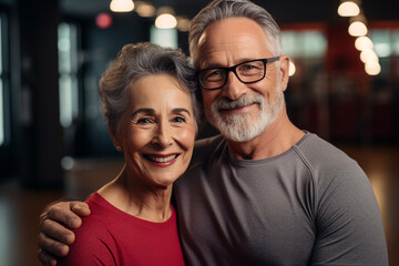 Fototapeta premium Elderly people pensioners working out in modern interior big spacious gym Generative AI illustration
