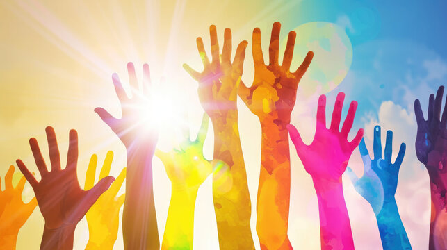A spectrum of diverse hands reaching towards a radiant sun, embodying the inclusive pursuit of a brighter future where everyone's