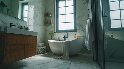 Bathroom Upgrade: A Luxurious Bathroom with New Fixtures and Tiles