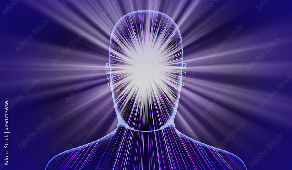Poster geometrical man face with abstract lines and rays of light - 3d illustration