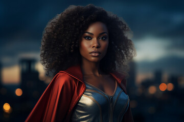 A beautiful woman superhero against the background of an evening city generative AI