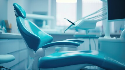 Dental equipment in dentist office in new modern stemmatological clinic room. Background of dental chair and accessories used by dentists in blue - obrazy, fototapety, plakaty