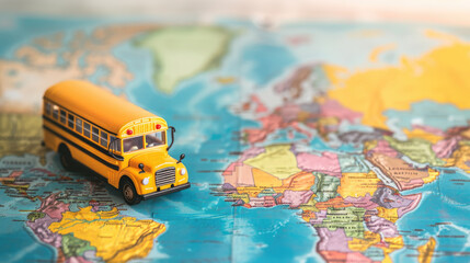 A globe-trotting school bus navigating through a vibrant world map - obrazy, fototapety, plakaty