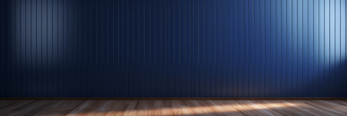 empty room with blue wall , wooden floor and spotlight,dark blue corrugated wall background with shadow sunlight. A bright blue room with a warm wooden floor and modern vertical blinds.. banner design