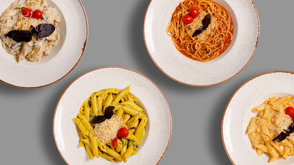Pasta plates assortment top view isolated