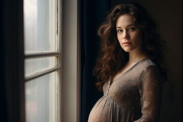 Photography of young pregnant woman smiling and enjoying her pregnancy near a window at home generative AI