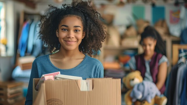 cheerful young woman is holding a box of donated items in a thrift store setting, with another person visible in the background.