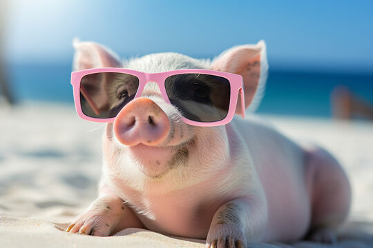 Funny animal cute pig in glasses on summer vacation enjoying tropical resort generative AI