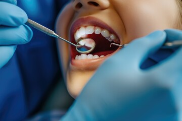 A dentist examining teeth of her female patient during appointment at dental clinic.