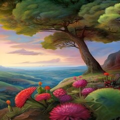 landscape with flowers and mountains