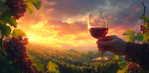 Poster  hands holding wine glass against vineyards © Nataliia