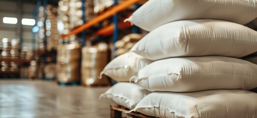 Close-up of a warehouse with rice or sugar bags in a warehouse - obrazy, fototapety, plakaty
