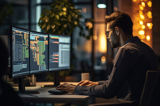 Experienced hacker in action breaking software protection server code Generative Ai image pic