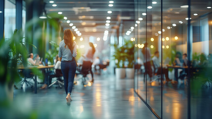 Blurred business people working in a modern green office. Healthy work environment, company culture, productivity and teamwork. Blurred background.