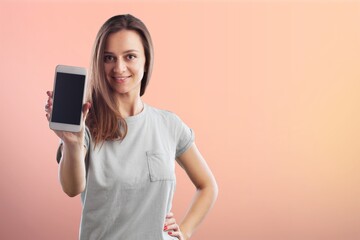 Fototapeta premium Beautiful business woman hold modern smartphone
