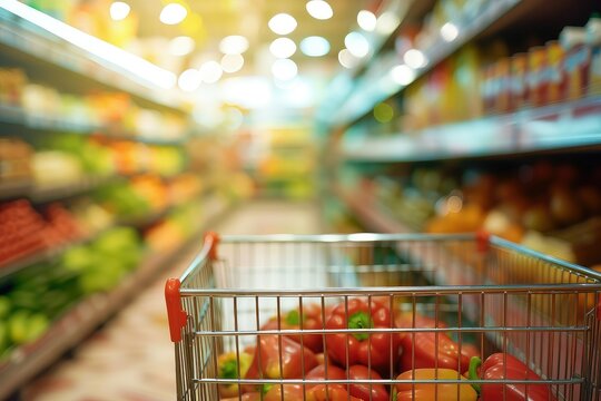 A shopper's perspective down a brightly lit grocery store aisle, with a shopping cart, fresh produce and packaged goods on display.