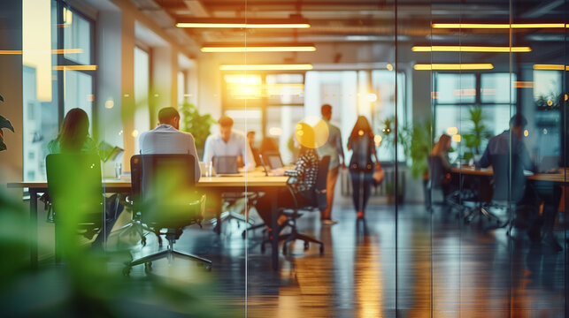 Business office with blurred people. Employees working in the office.