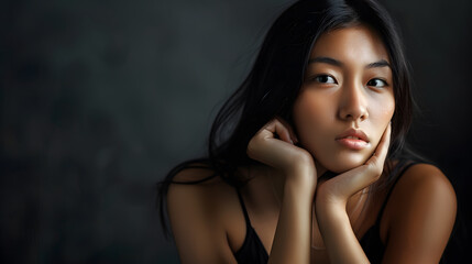 Elegant closeup portrait of a brunette asian woman with flawless skin and stylish makeup. - obrazy, fototapety, plakaty
