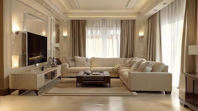 Luxury living room with beige sofa, armchair and coffee table