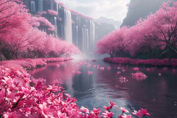 The water flowing from the waterfall becomes the murmur of the river, and the cherry blossoms bloom beautifully along the riverside. The concept of a magical paradise landscape with blooming flowers.