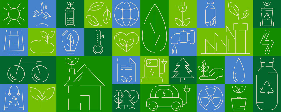 Modern geometric background. Set of line ecology icons in flat minimalist style with simple shape. For flyer, poster, banner, cover. Environment improvement, sustainability, recycle, renewable energy.