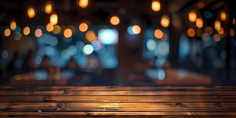 Empty wooden table and abstract bokeh background of night club or bar, Generative AI illustrations. - obrazy, fototapety, plakaty