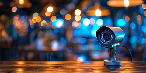 Fotobehang CCTV security camera on the wooden table in night club with bokeh background, Generative AI illustrations. © jbstocks
