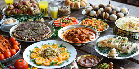 Ramadan Mubarak: Top View of Iftar Food Spread on Table, Featuring Dried Dates in White Bowl on Grey Background